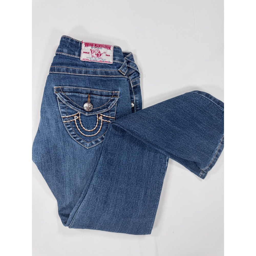 True Religion Joey Super T Blue Jeans 26 Low Rise Straight Y2K McBling Aesthetic